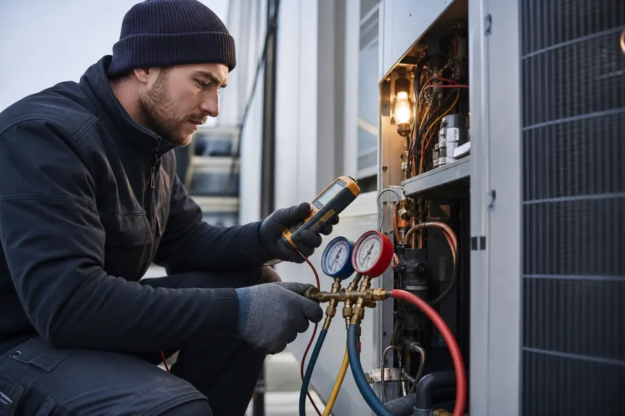 HVAC technician diagnosing outdoor heating and cooling equipment
